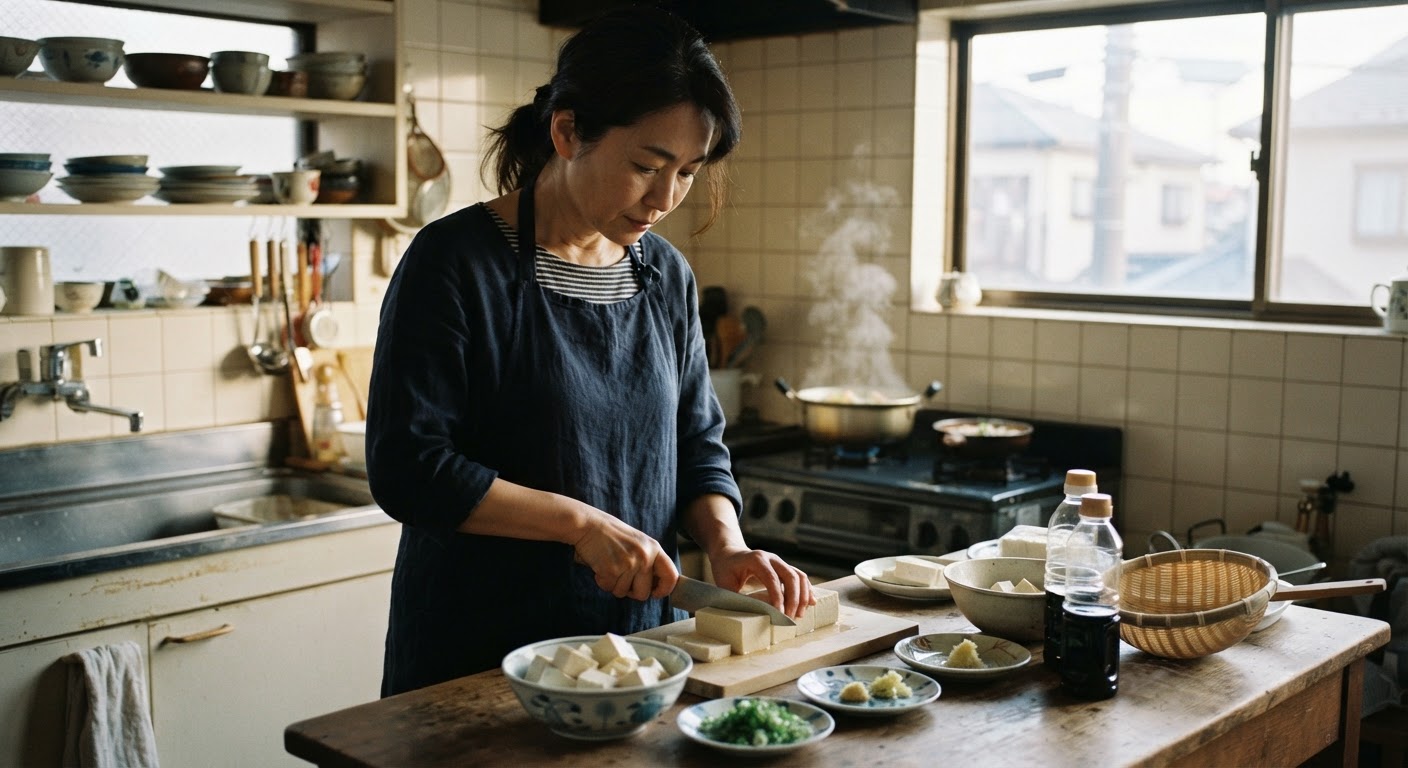 自宅で豆腐料理を準備する日本人女性