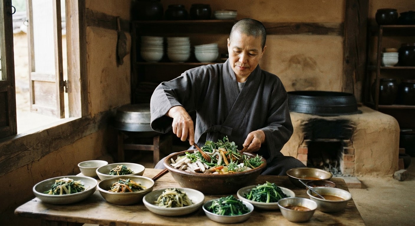다양한 제철 채소를 활용한 한국 사찰 음식