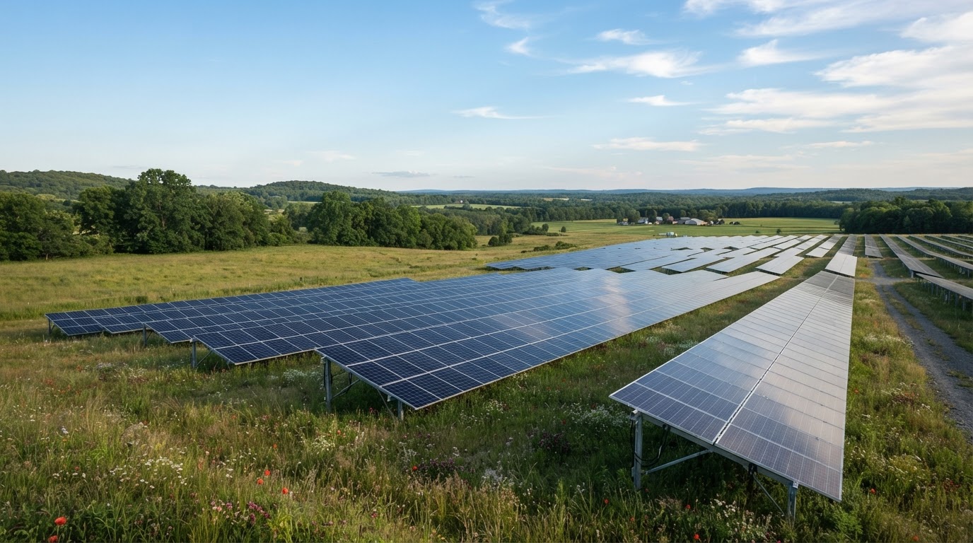Rows of solar panels installed in a field, reflecting the blue sky.