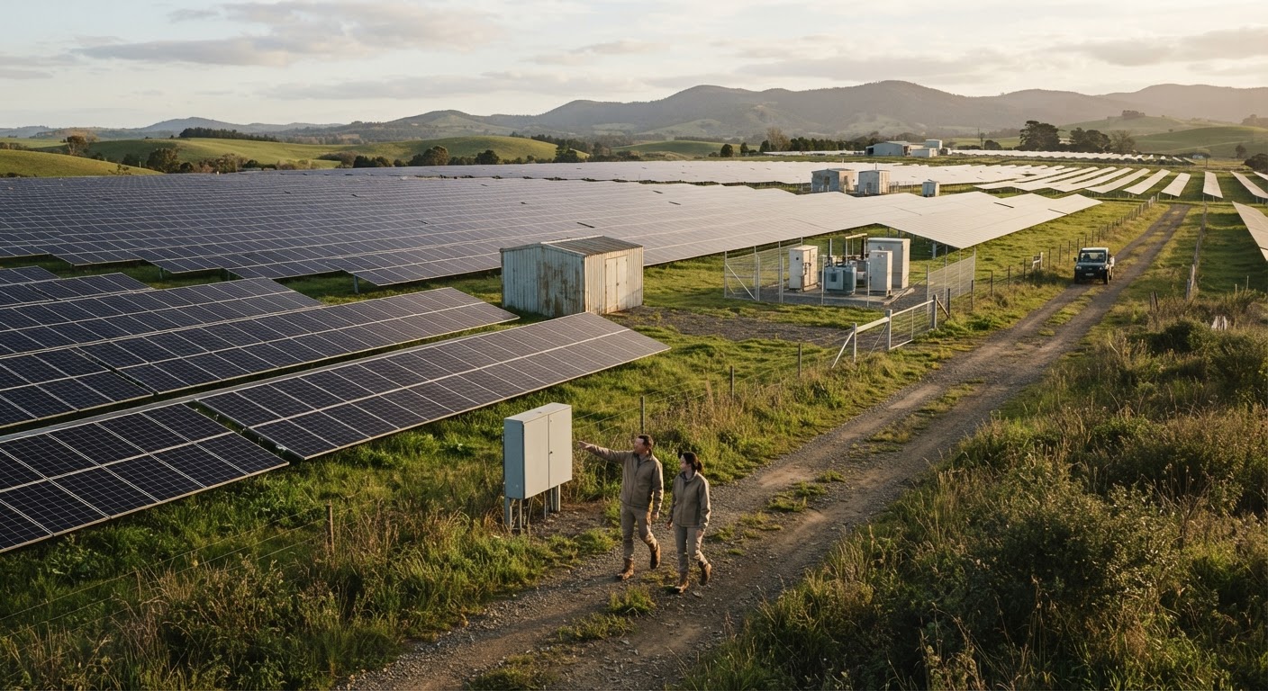 A community solar farm can encompass a large area, often with accompanying infrastructure to manage power distribution.