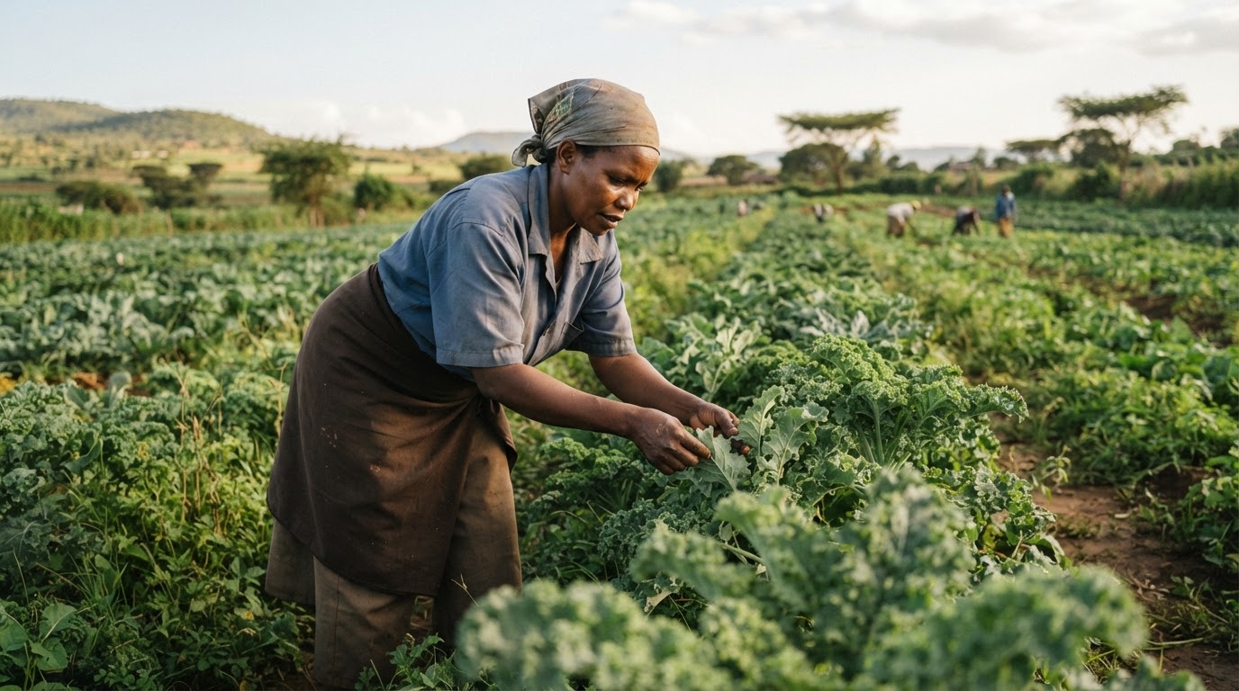 Mwanamke mkulima akichungulia mazao shambani nchini Kenya