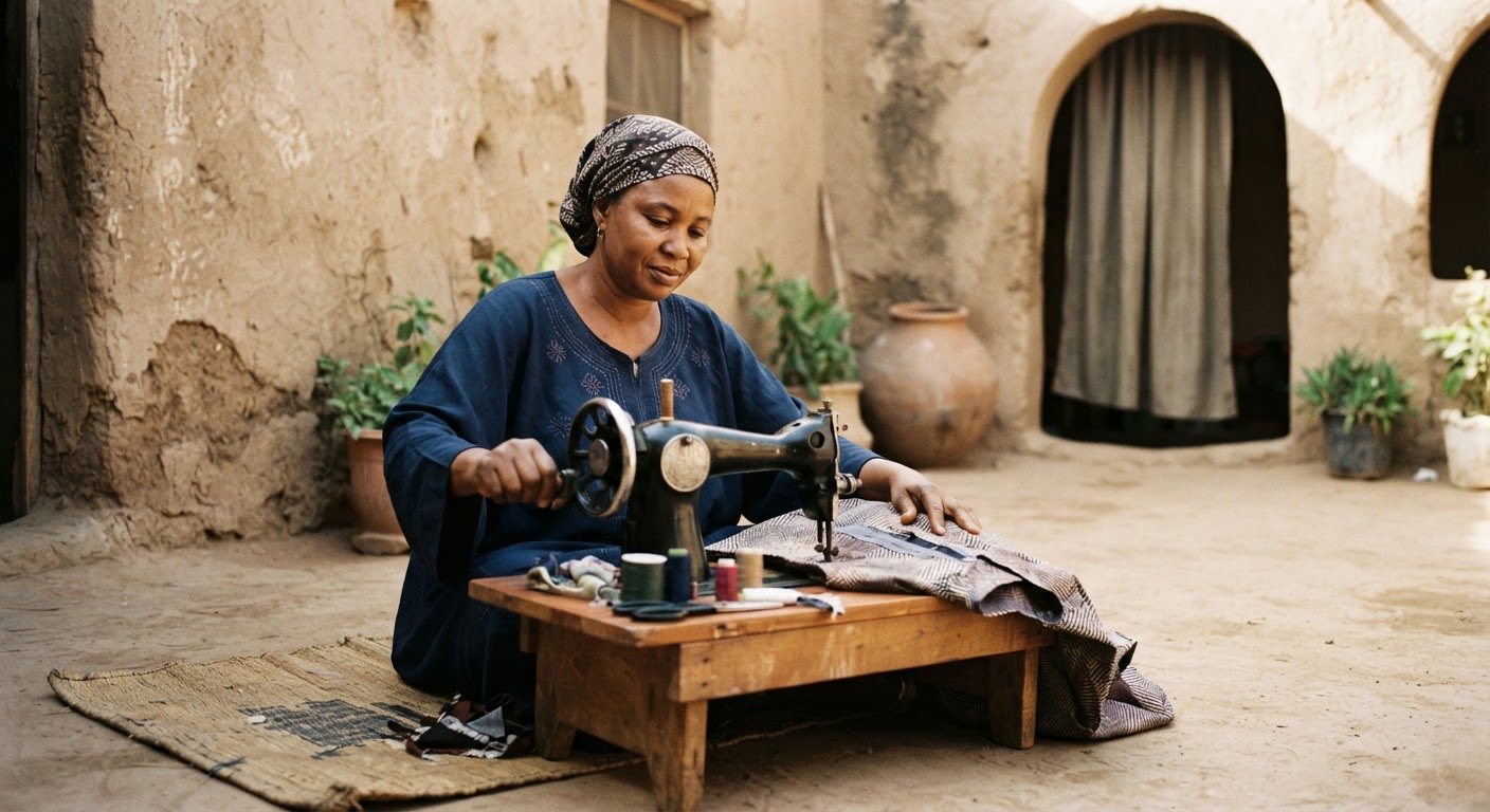 Wata mata 'yar Hausa tana dinki a gidanta, wata al'adar da ta dade tana taimakawa wajen rage kashe kuɗi.