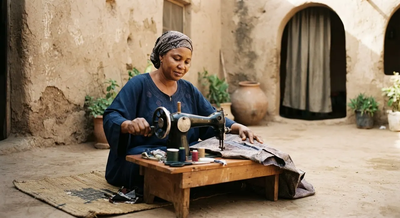 Wata mata 'yar Hausa tana dinki a gidanta, wata al'adar da ta dade tana taimakawa wajen rage kashe kuɗi.