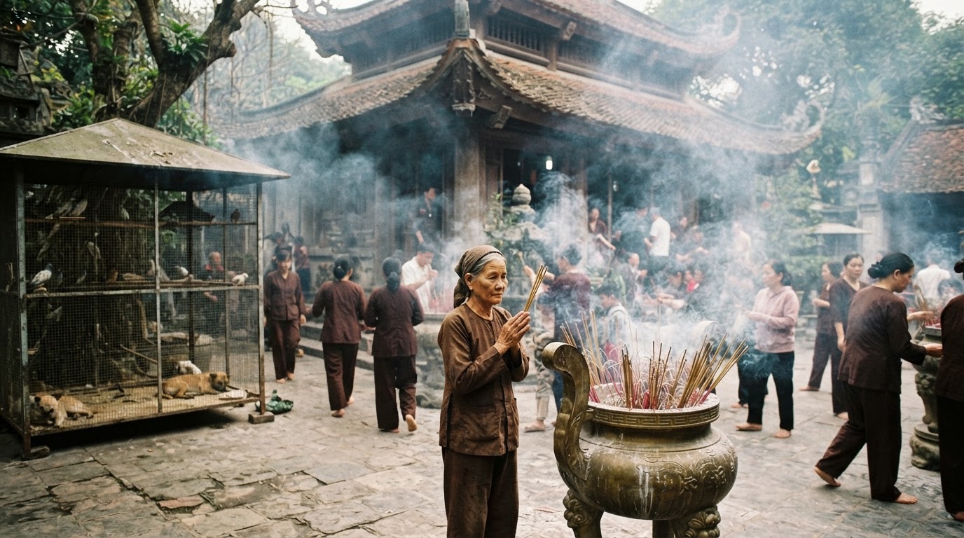Khói nhang nghi ngút tại một ngôi chùa Việt Nam, gợi lên không khí trang nghiêm và suy ngẫm.