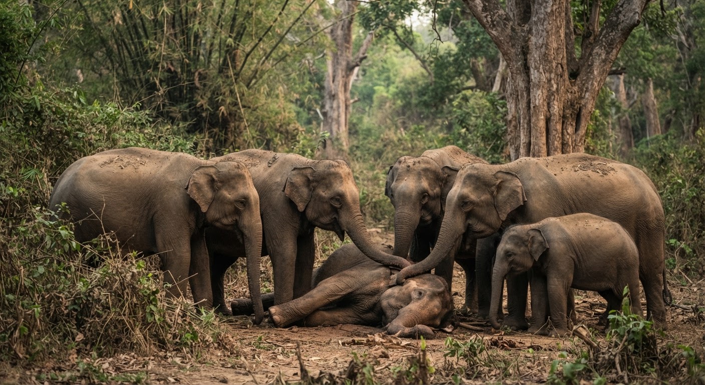 தங்கள் இழந்த உறவினருக்காக துக்கம் அனுசரிக்கும் இந்திய யானைகள் கூட்டம்.