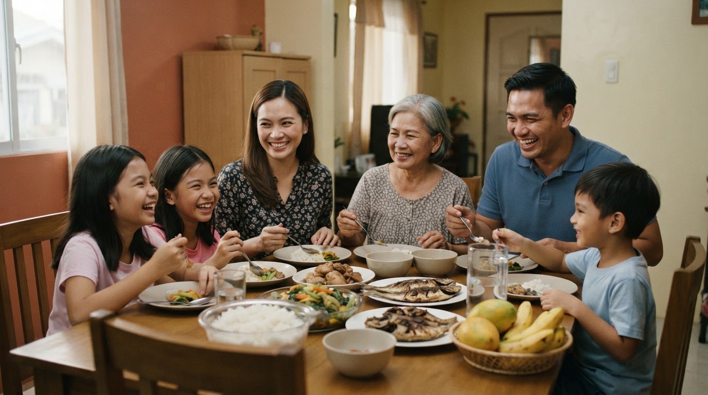 Isang masayang pamilyang Pilipino na sama-samang kumakain ng masustansyang hapunan.