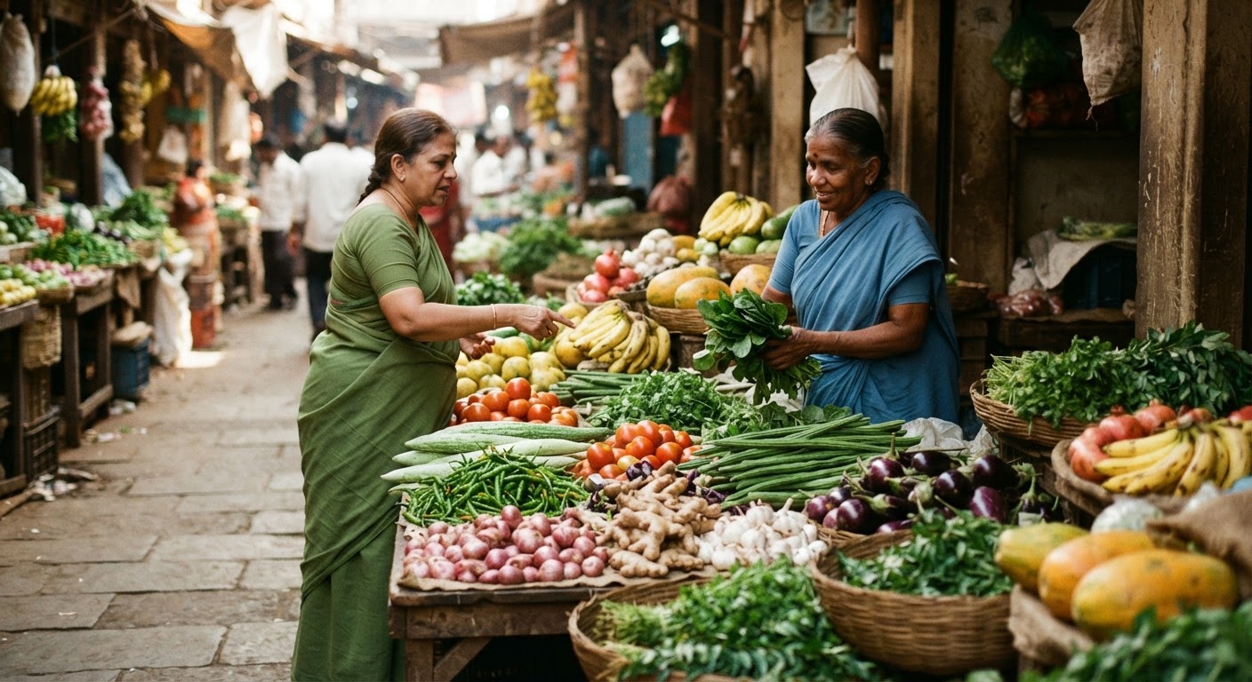 தமிழ்நாட்டின் உள்ளூர் சந்தையில் கிடைக்கும் பலவிதமான காய்கறிகள் மற்றும் பழங்கள்.