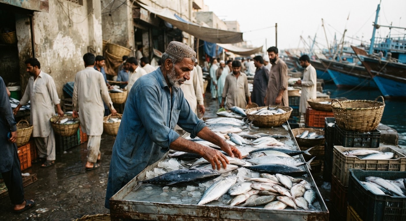 کراچی کی مقامی فش مارکیٹ میں تازہ سمندری غذا