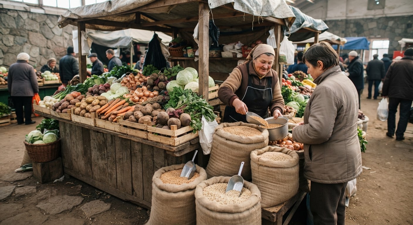 Прилавок на українському фермерському ринку, заповнений свіжими овочами та зерном