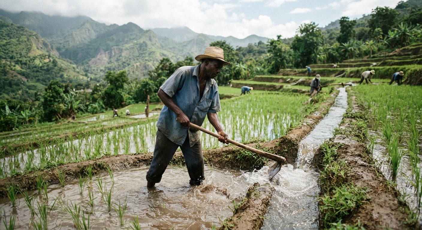 Sistèm irigasyon nan yon plantasyon diri nan Ayiti, ki montre gwo bezwen dlo pou kiltivasyon sa a.