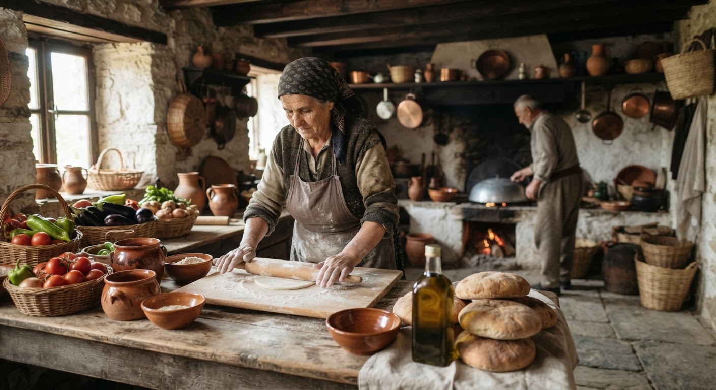 Një kuzhinë tradicionale shqiptare e mbushur me perime të freskëta, vaj ulliri dhe bukë të pjekur në shtëpi.