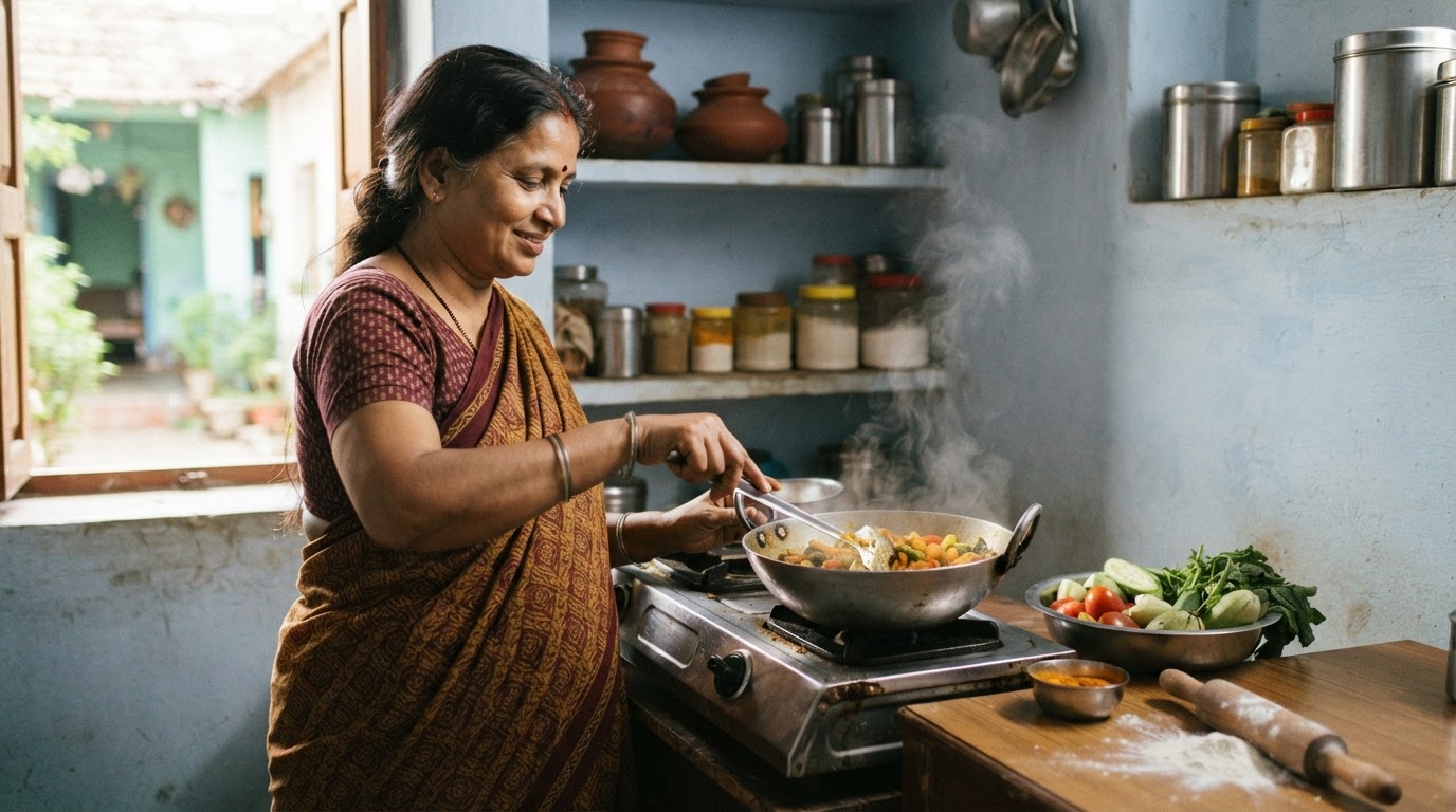 एक भारतीय महिला रसोई में शाकाहारी भोजन पका रही है