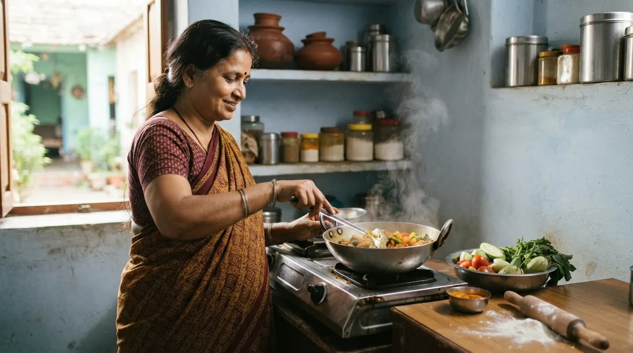 एक भारतीय महिला रसोई में शाकाहारी भोजन पका रही है
