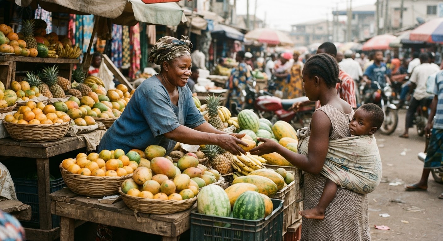 Àwọn èso tò lọ́rọ̀ lórí pèpéńkòlé ọjà ìlú Nàìjíríà.