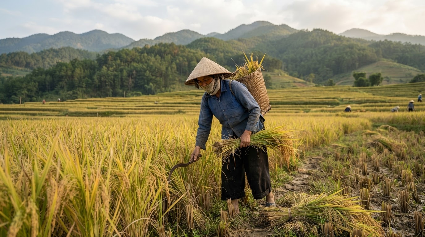 Người nông dân Việt Nam đang thu hoạch lúa trên cánh đồng.
