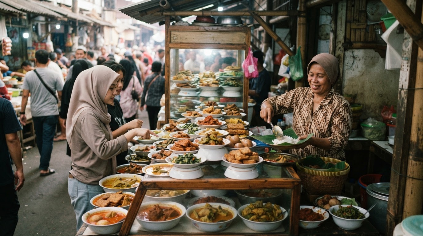 Gerai warung nasi Padang yang ramai dengan aneka lauk di etalase