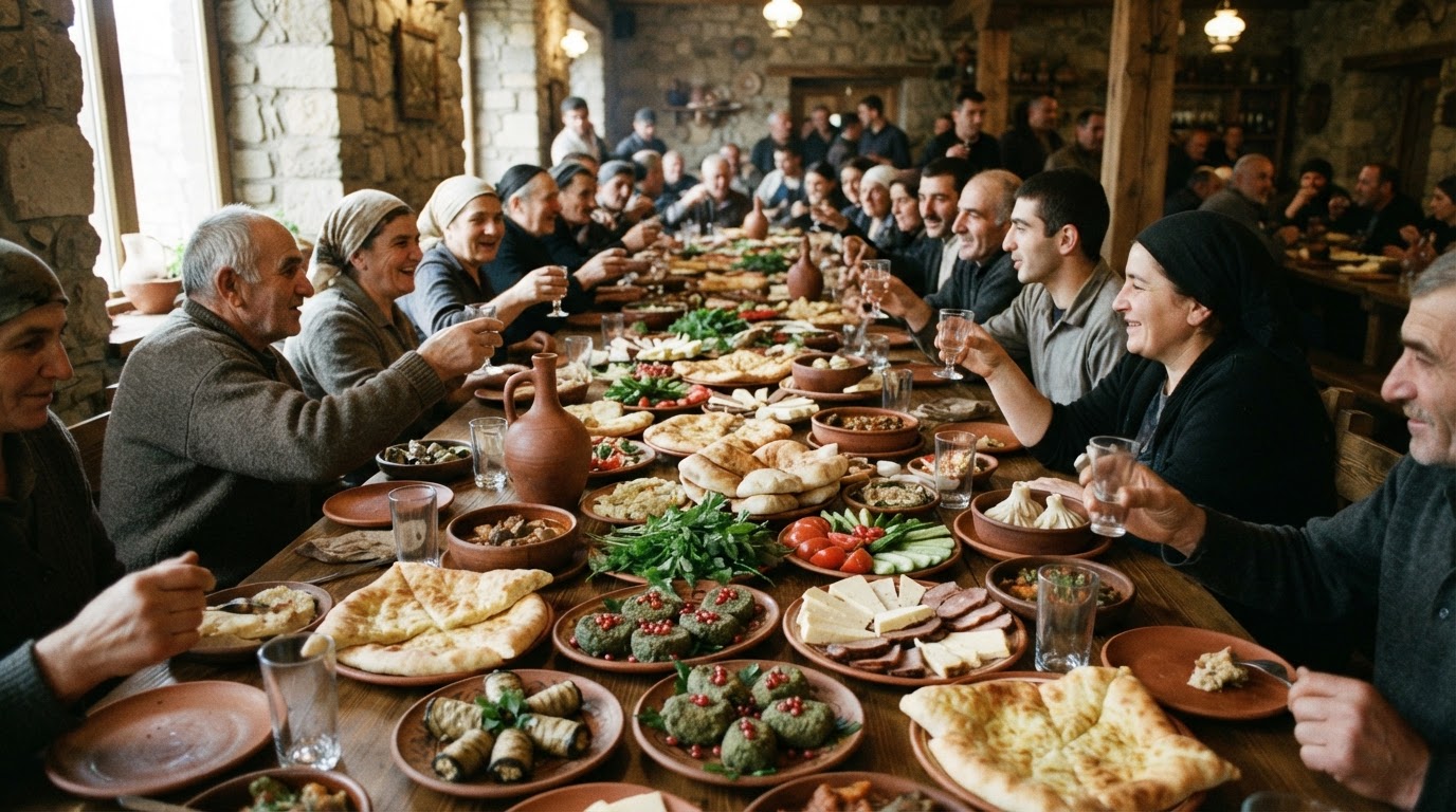 სადღესასწაულო ქართული სუფრა მრავალფეროვანი კერძებით