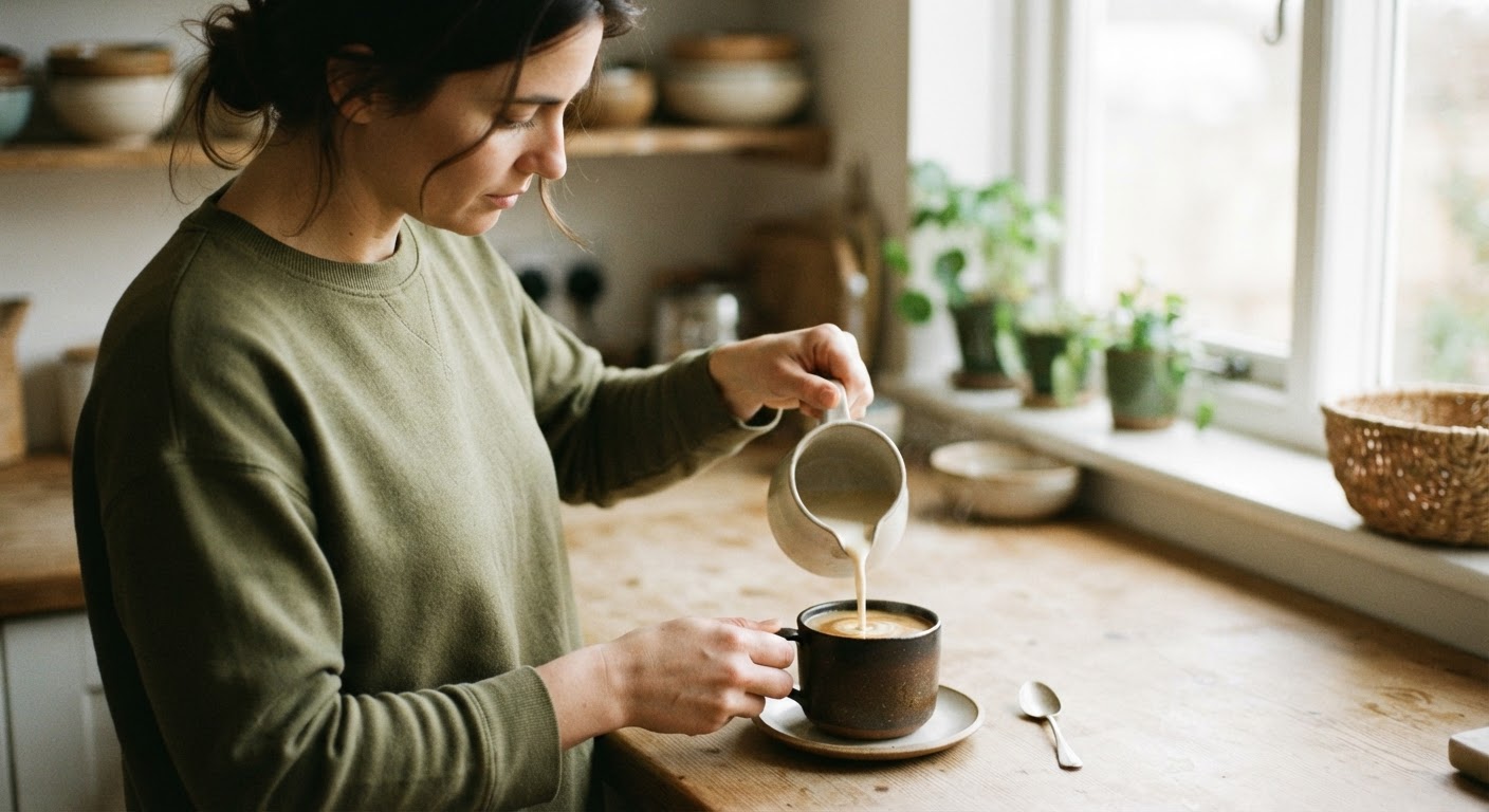 Mulher a verter leite vegetal numa chávena de café.