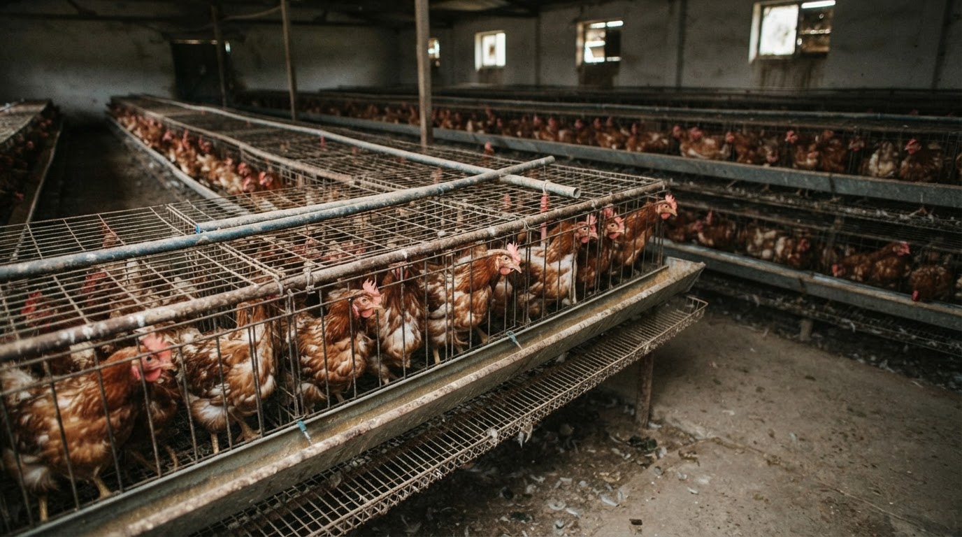 Galline in un allevamento intensivo stretto