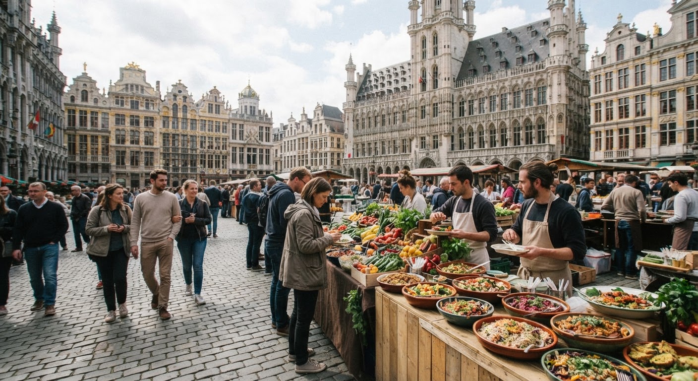 La Grand-Place de Bruxelles avec des étals de nourriture végétalienne colorée