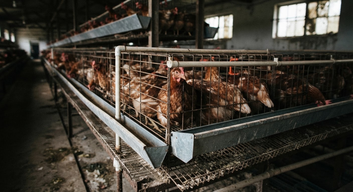 Sofferenza animale in spazi ristretti tipici degli allevamenti intensivi.