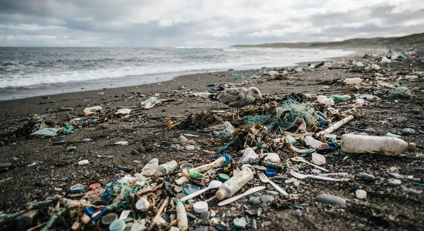 Zanieczyszczenie plaż plastikiem to widoczny skutek nadmiernego zużycia tworzyw sztucznych, które trafiają do oceanów.