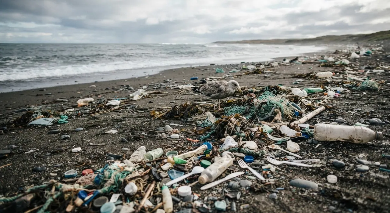 Zanieczyszczenie plaż plastikiem to widoczny skutek nadmiernego zużycia tworzyw sztucznych, które trafiają do oceanów.