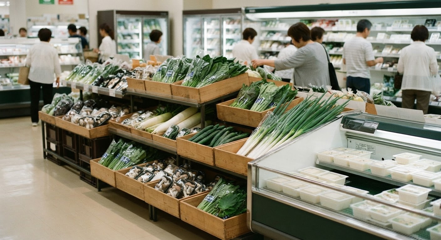 日本のスーパーマーケットの野菜と豆腐が並ぶ棚