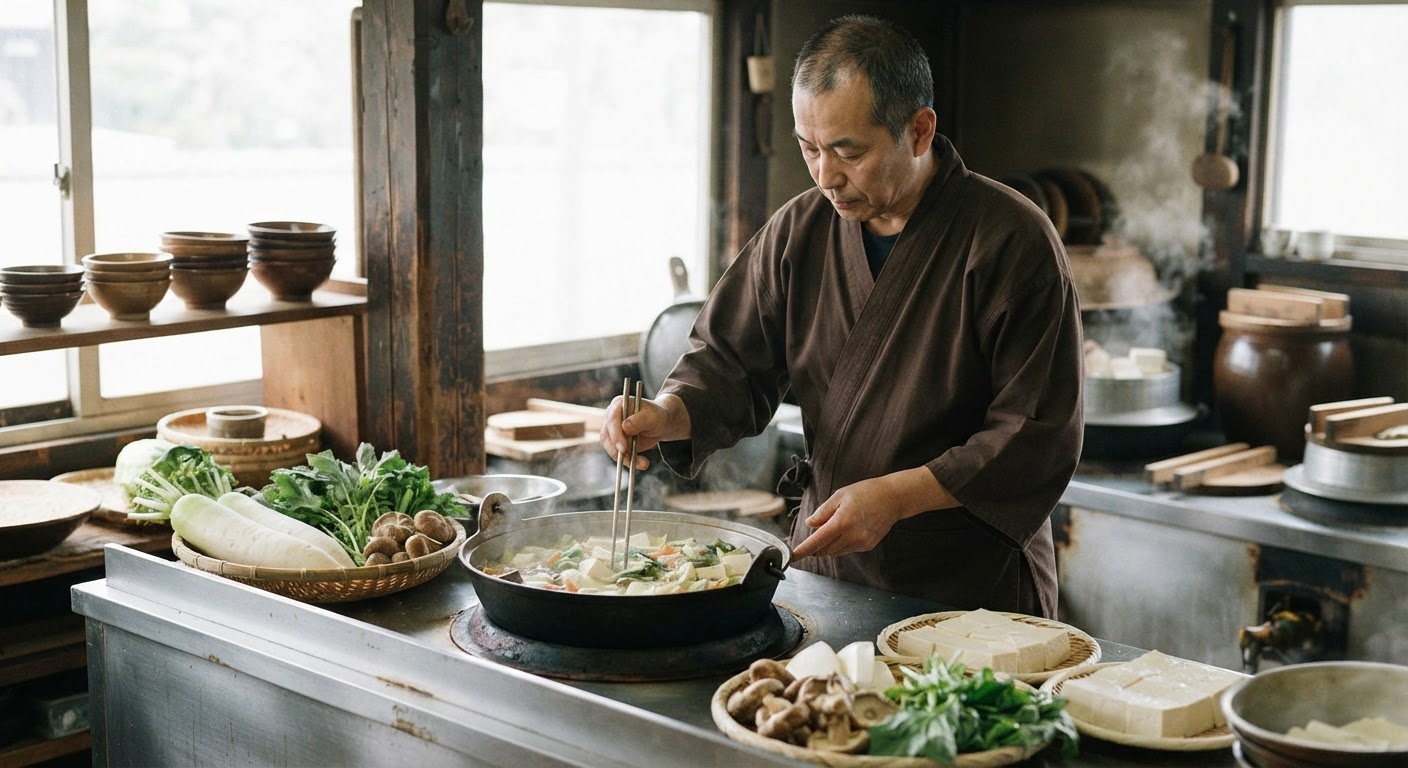 精進料理の調理風景。植物性食材の知恵が詰まっています。