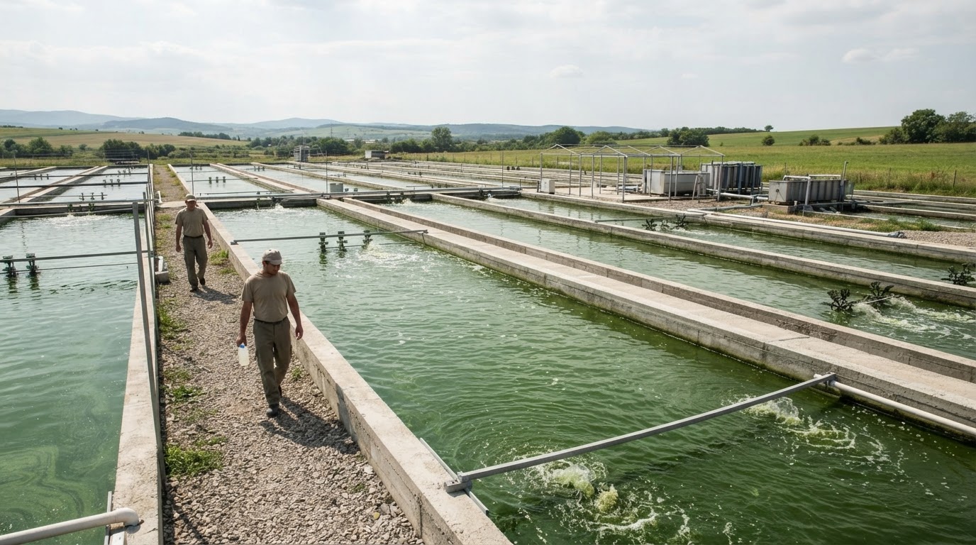 Rows of large, clear tanks filled with bright green spirulina algae, under a bright sky.