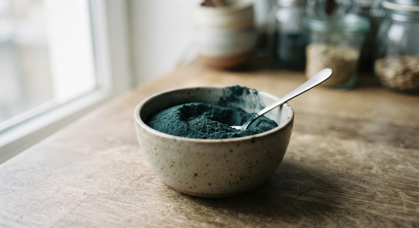 Dried spirulina powder, a common form of this nutrient-dense microalgae.