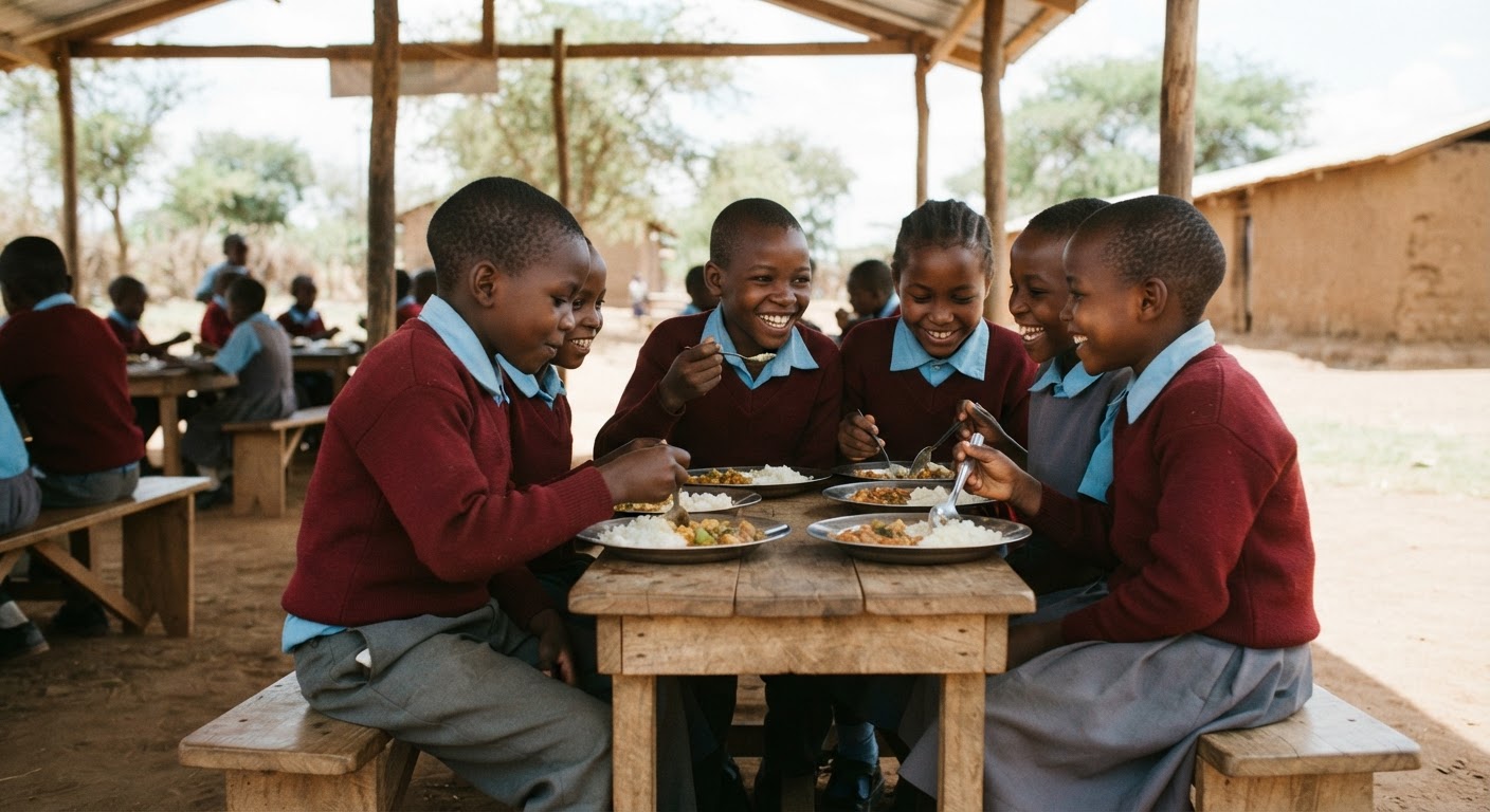 Watoto wa Kiafrika wakila chakula cha mchana shuleni