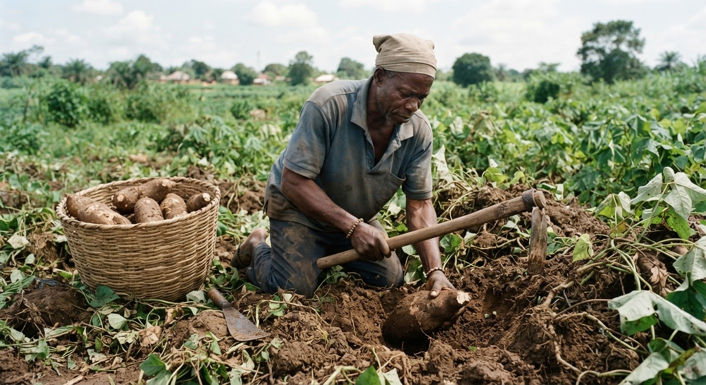 Àgbẹ̀ kan tó ń kórè ìsálẹ̀ ní Nàìjíríà.