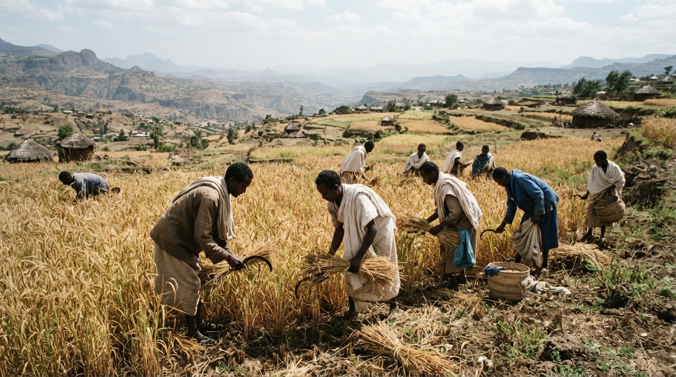 የኢትዮጵያ ገበሬዎች ጤፍ ሲያጭዱ የሚያሳይ ምስል