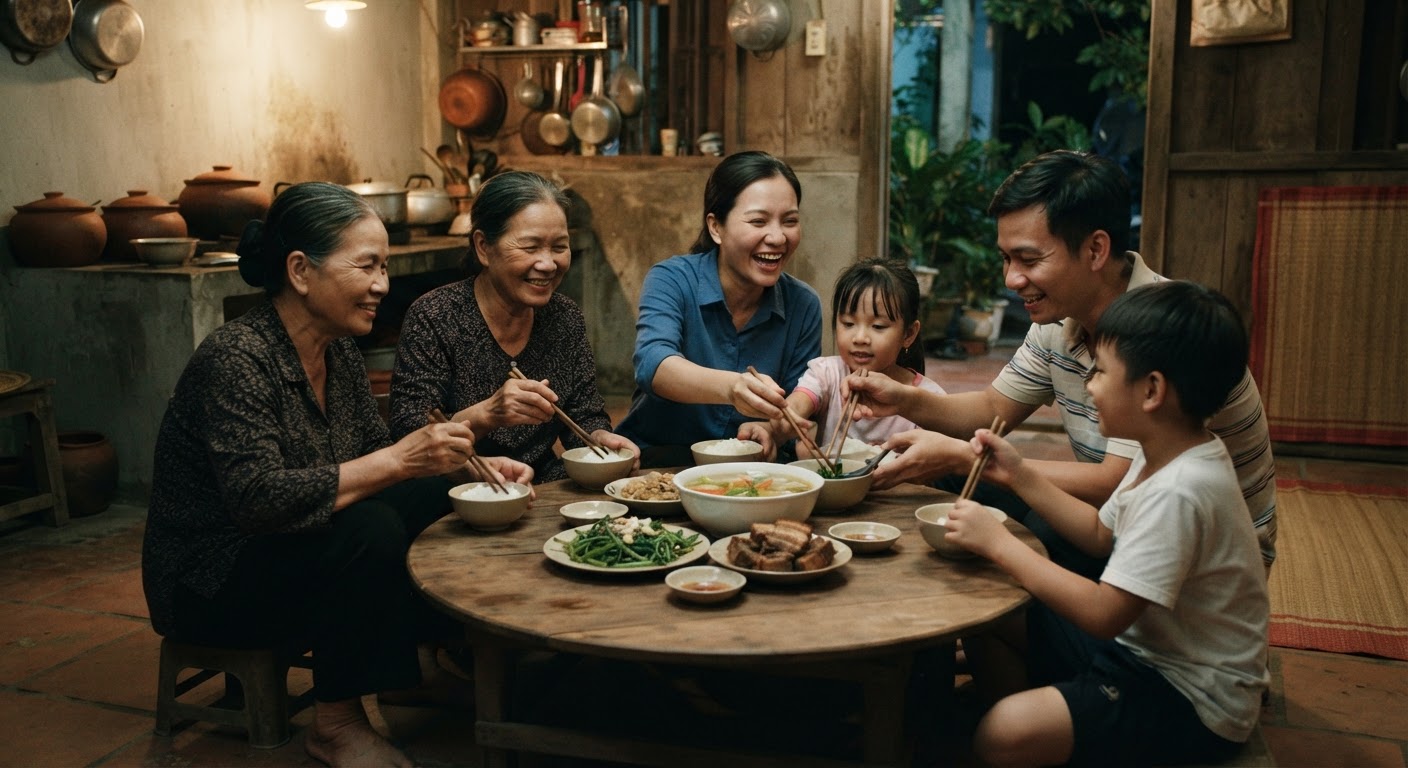 Gia đình Việt Nam quây quần bên mâm cơm ấm cúng