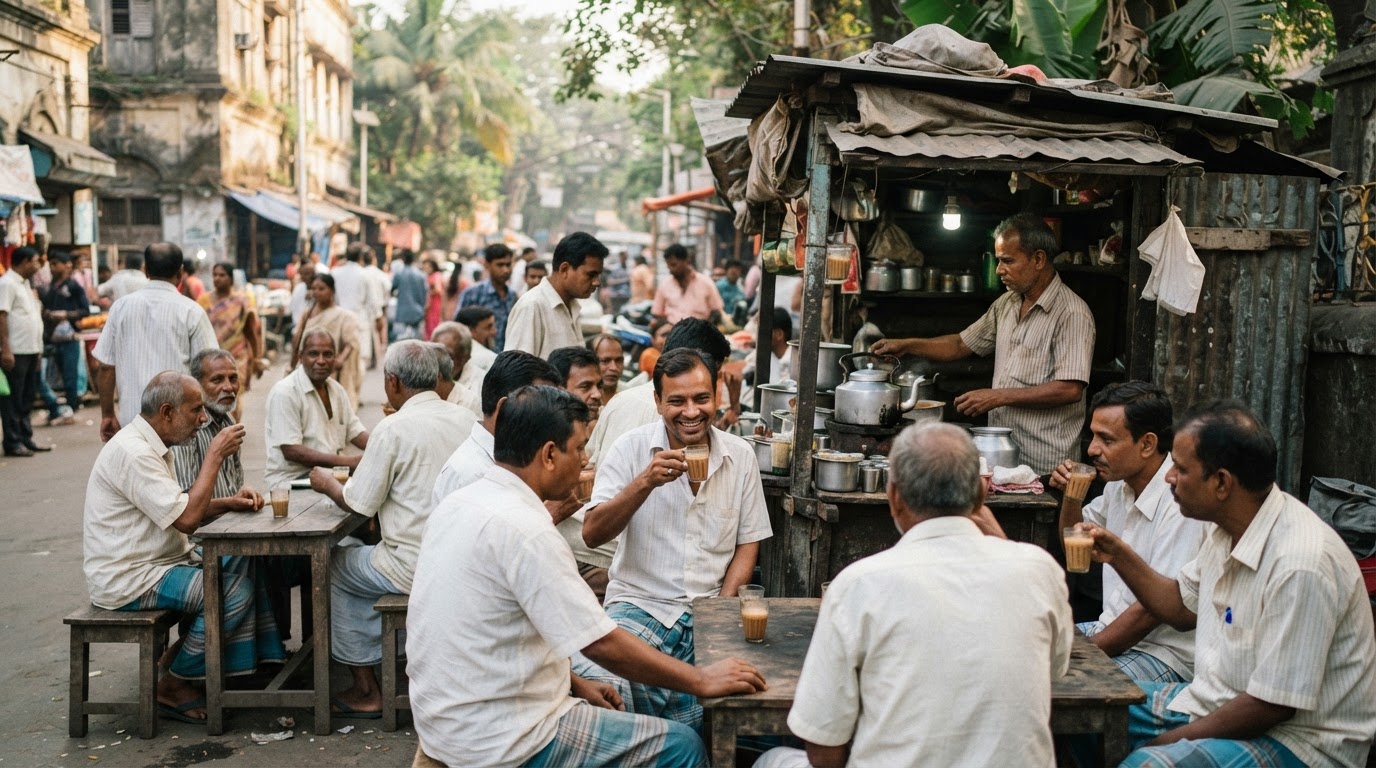 ঐতিহ্যবাহী বাঙালি চা স্টলে চা পান করছেন মানুষ