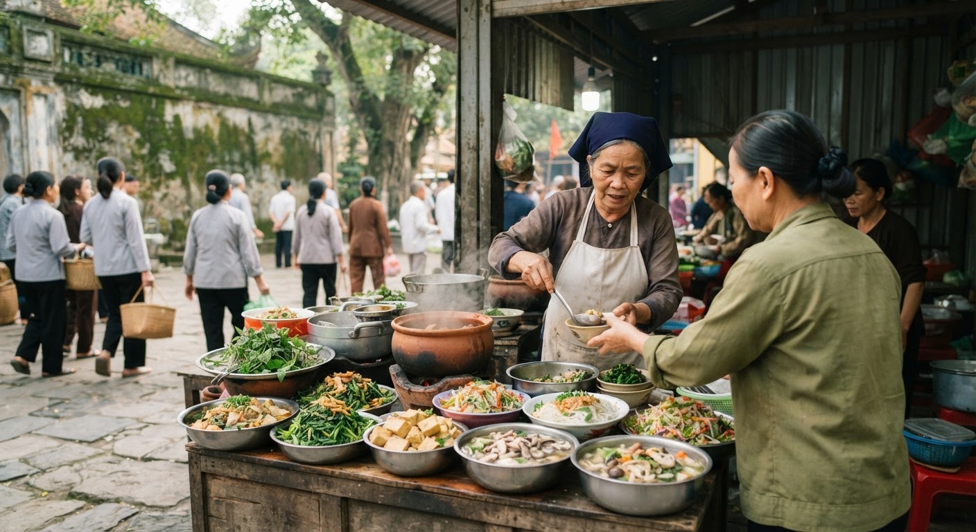 Các món ăn chay tại một khu chợ gần chùa, phản ánh sự đa dạng của ẩm thực chay Việt Nam.