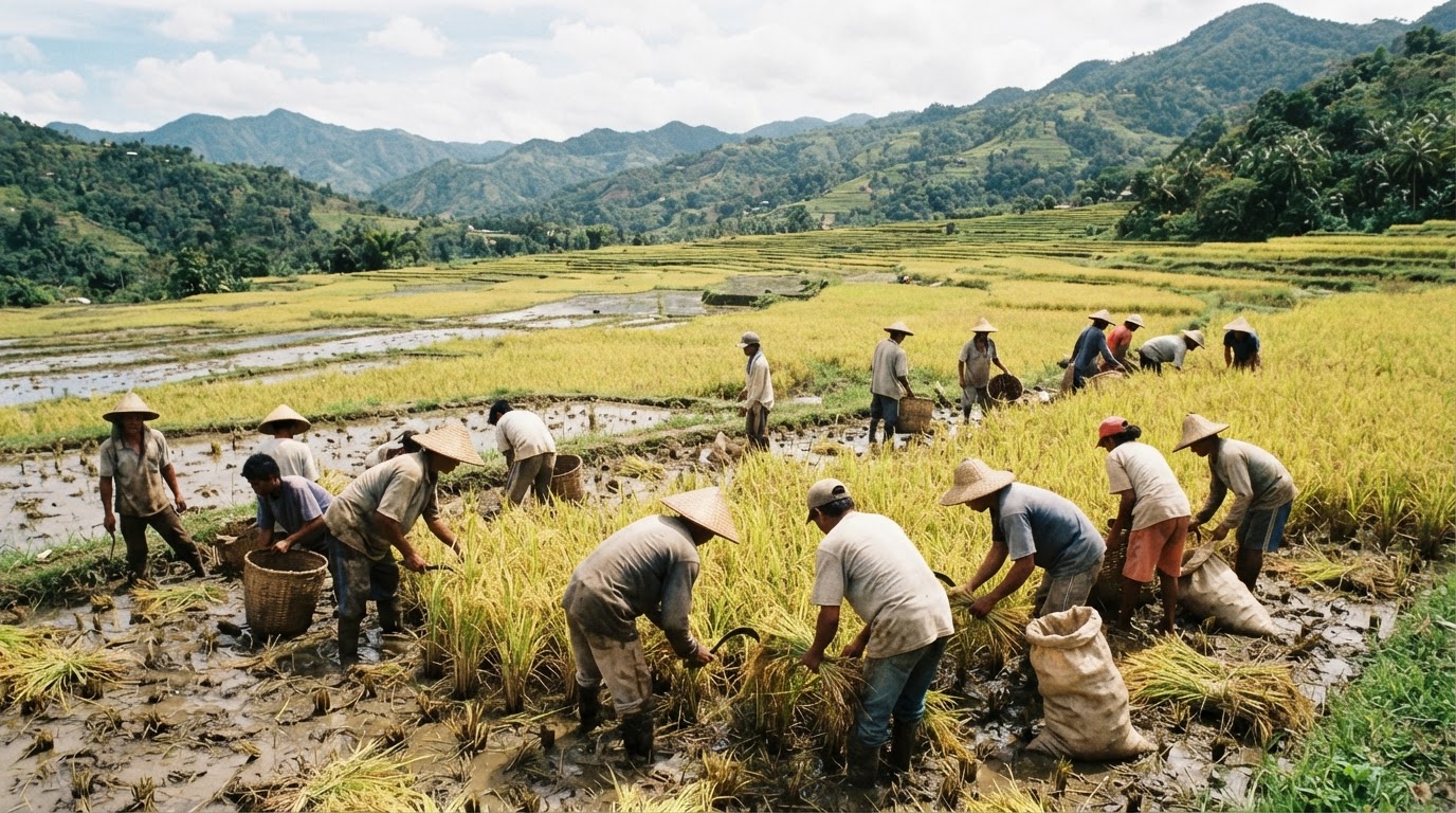 Maraming magsasaka ang nag-aani ng palay sa isang malawak na taniman sa Pilipinas.