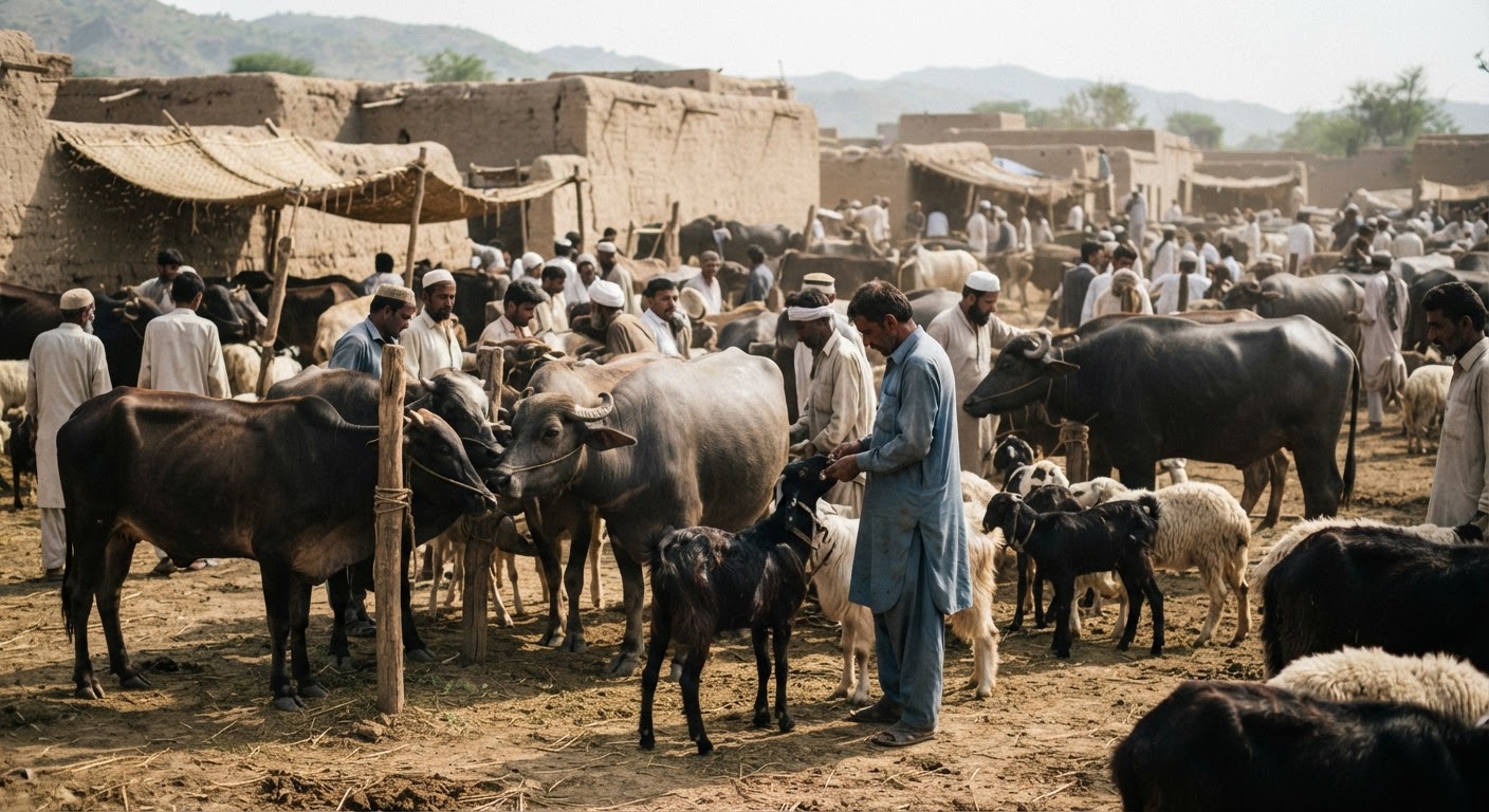 پاکستان کے دیہی علاقے میں جانوروں کی منڈی، جہاں گائے، بھینسیں اور بکرے فروخت کے لیے موجود ہیں۔