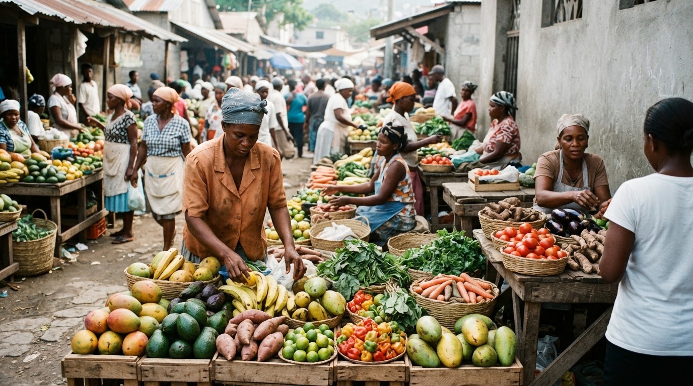 Mache fwi ak legim ann Ayiti, ak anpil koulè ak divèsite pwodwi lokal yo.