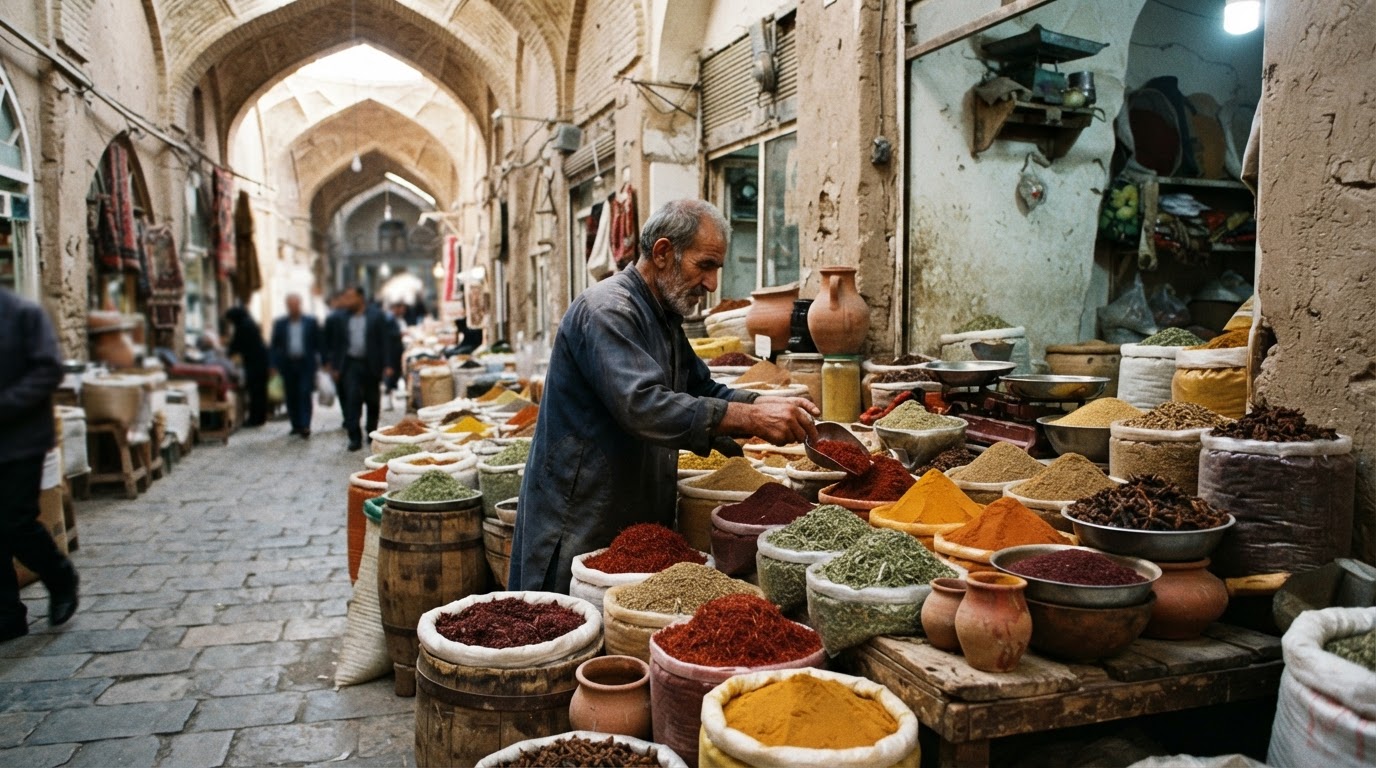 مجموعهای از ادویههای رنگارنگ در بازار سنتی ایران