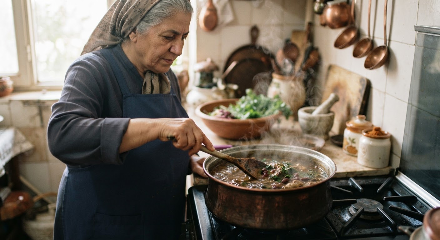 دیگ سنتی در حال پخت خورش، نمادی از غنای آشپزی ایرانی.