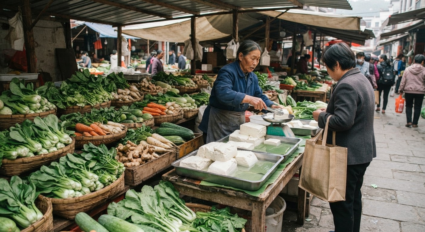 摆满新鲜蔬菜和豆腐的市场摊位