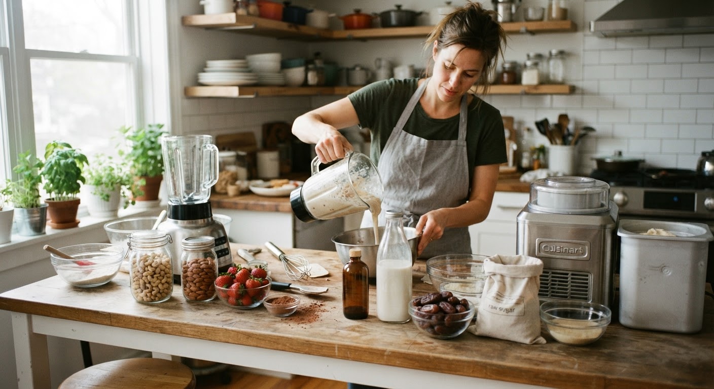 Ev yapımı vegan dondurma için malzemelerin bulunduğu mutfak tezgahı