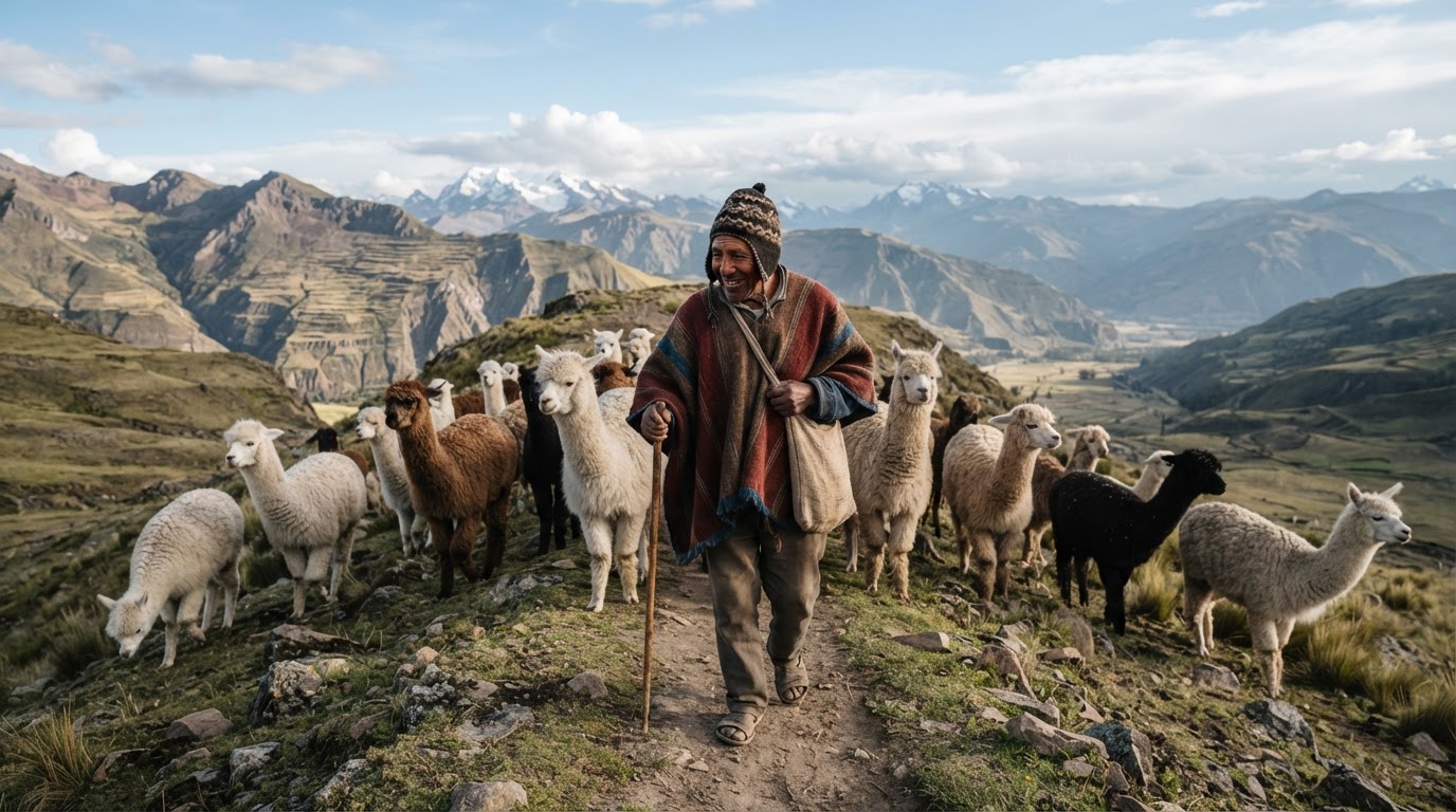 Andes urqukunapi llamk'ayniyuq runa, alpakakunawan