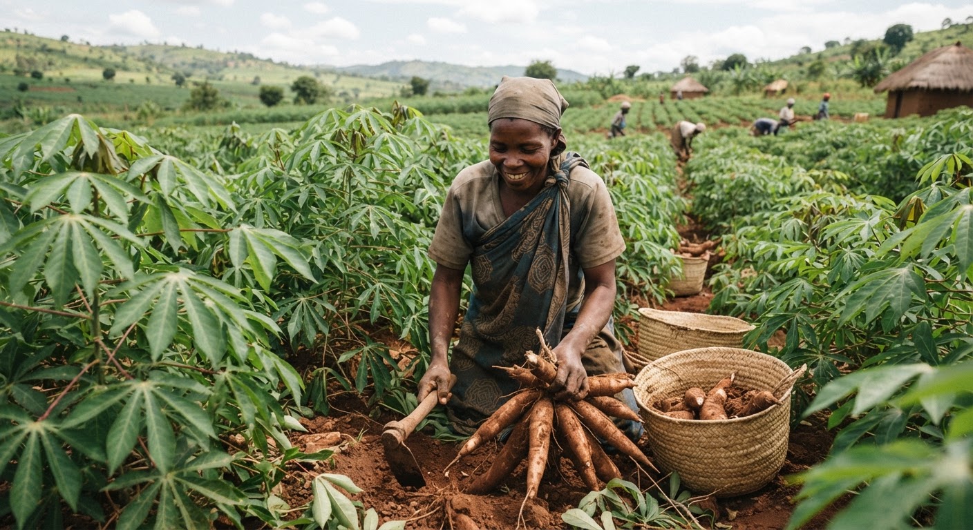 Mulher a colher mandioca numa exploração agrícola africana