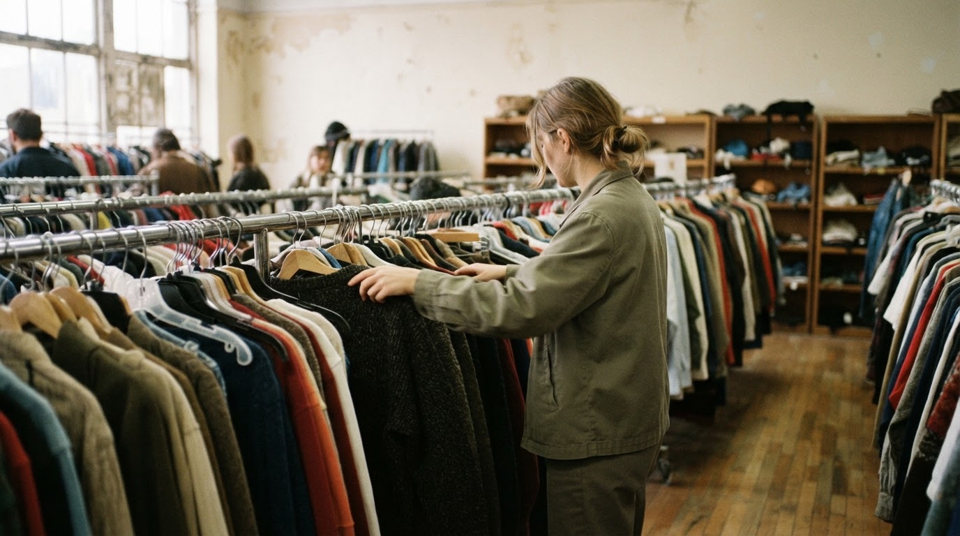 Persona buscando ropa en una percha en una tienda de segunda mano.