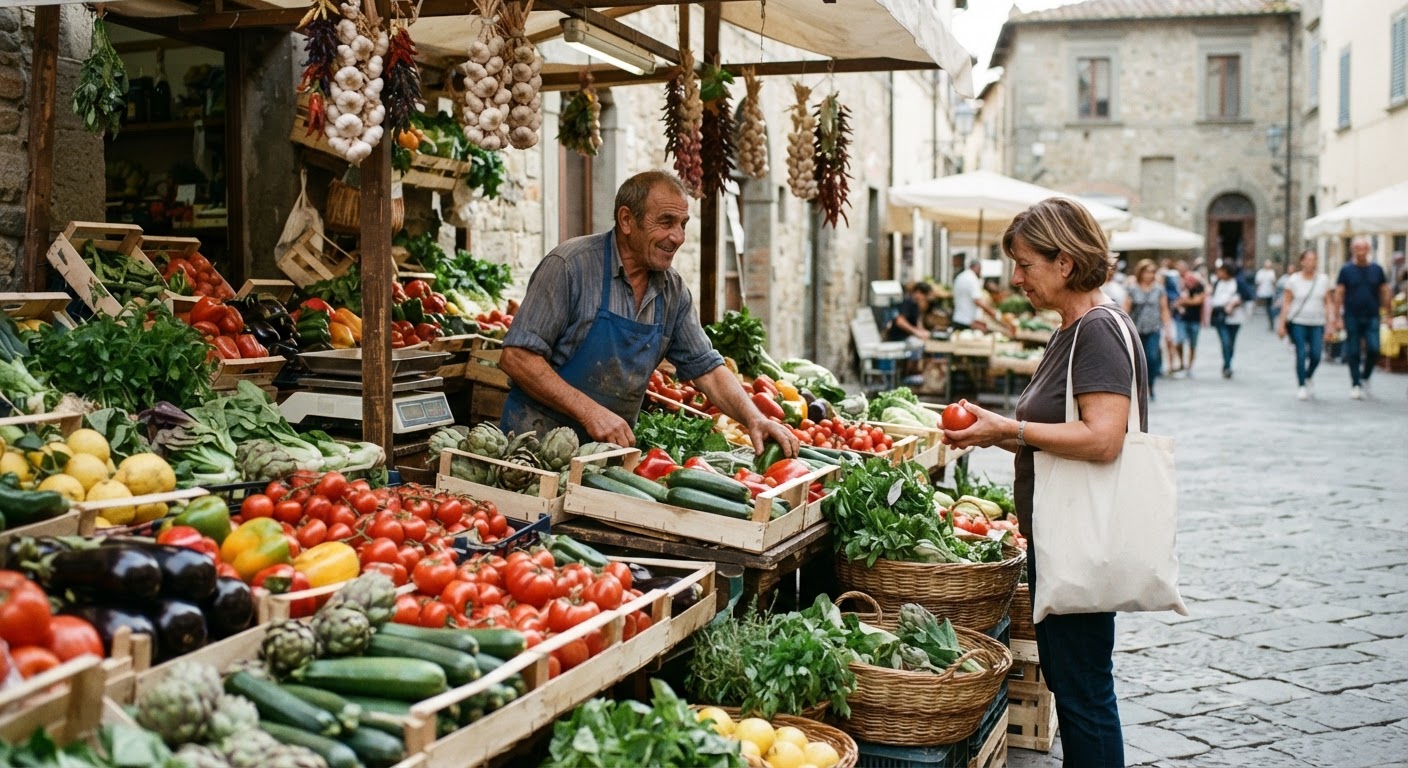 Bancarella del mercato con verdure mediterranee colorate in Italia