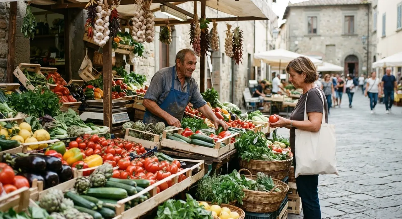 Bancarella del mercato con verdure mediterranee colorate in Italia