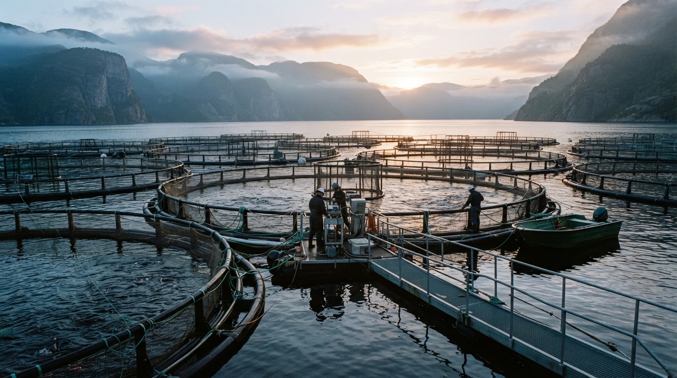 Fischfarm-Käfige in einem norwegischen Fjord bei Sonnenaufgang